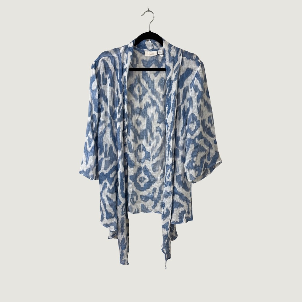 Chico's Linen Open Front Cardigan Blue White Ikat Size 3 XL Coastal Boho Airy